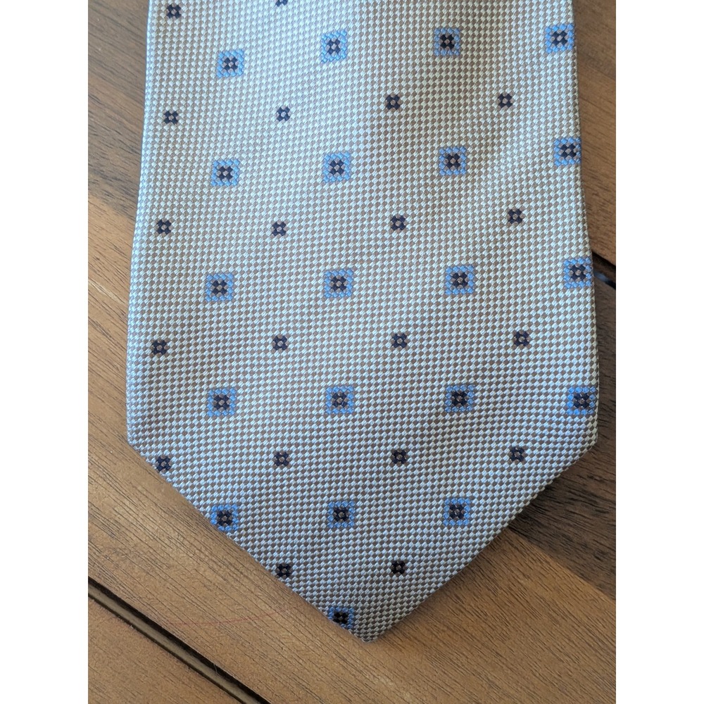 Ermenegildo Zegna Silk Tie Mens Tan Beige Blue Geometric Dot Italy 58x3.5 Luxury